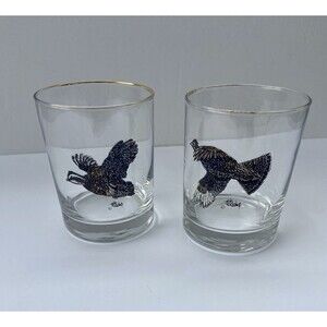 Richard E. Bishop Vintage Game Birds Set Of 2 Wine Whiskey Glasses Tumblers Gold